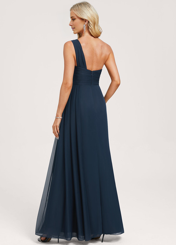 Vestido de dama de honor de malla con volantes, corte A, un hombro al aire y largo hasta el suelo