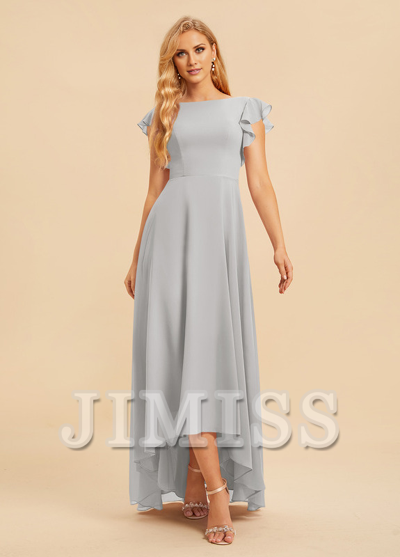 Vestido de dama de honor asimétrico de gasa con escote en A y volantes