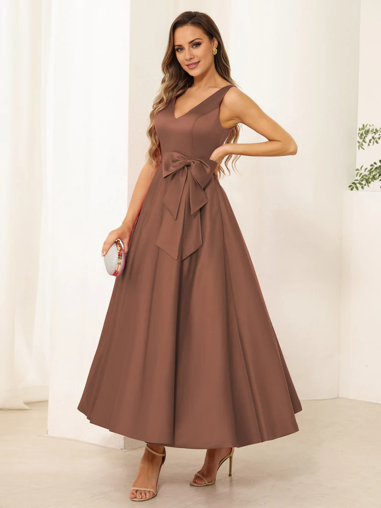 Dark Navy Satin A-Line Tea-Length Bridesmaid Dress with V-Neck and Waist Bow