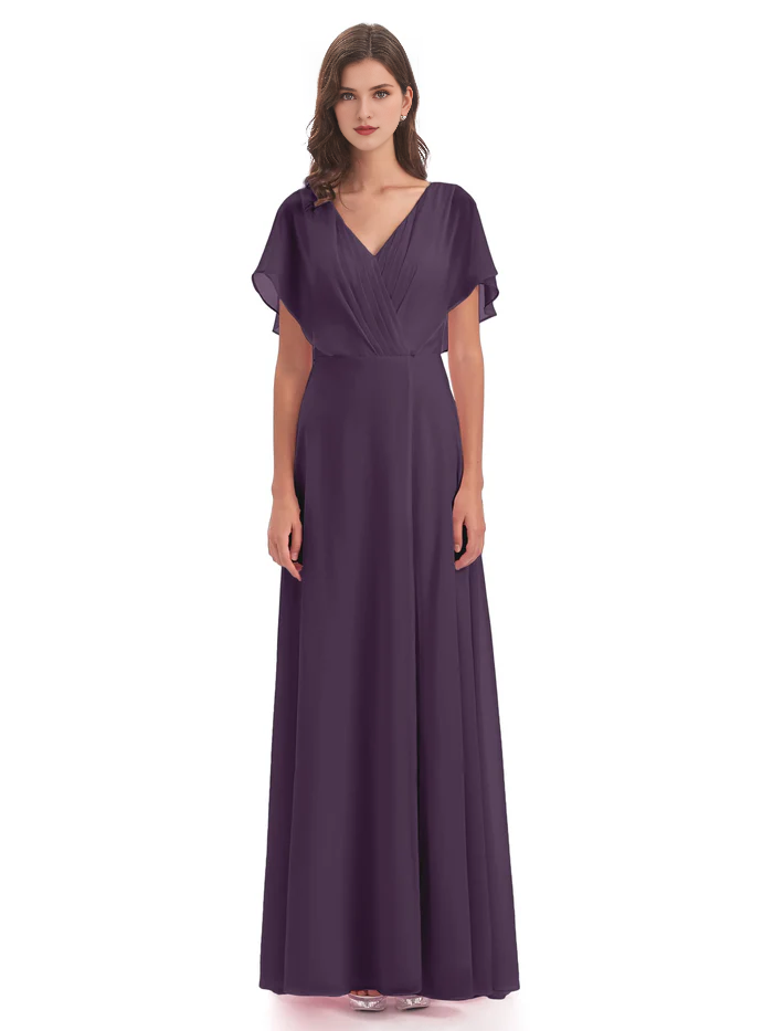 Burgundy Chiffon A-Line V-Neck Floor-Length Bridesmaid Dress with Pleated Bodice and Flutter Sleeves