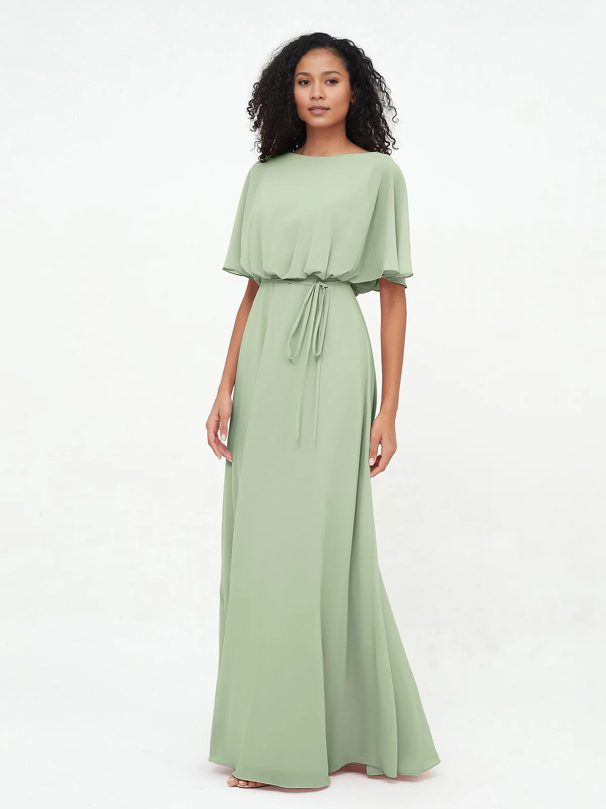 Butter Chiffon A-Line Floor-Length Bridesmaid Dress with Boat Neck & Self-Tie Waist