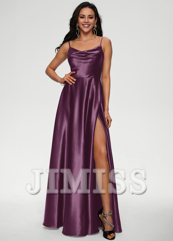 A-line draped floor-length satin prom dress