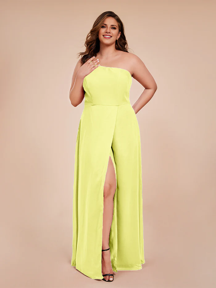 Plus size one shoulder side slit chiffon bridesmaid dress