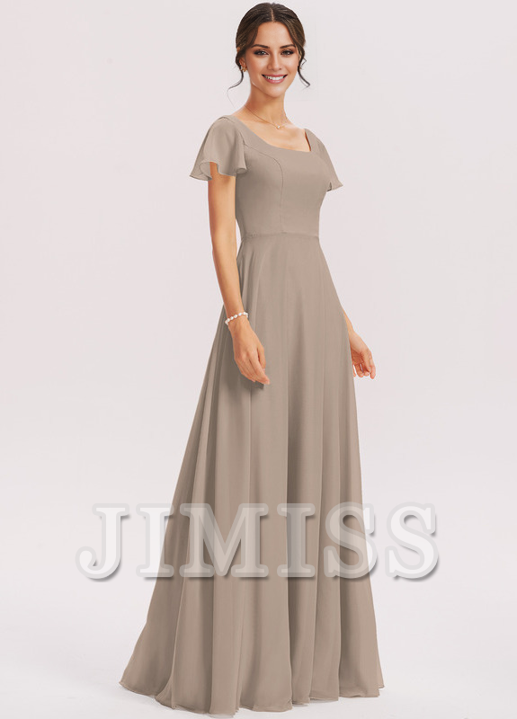 Vestido de dama de honor de gasa con volantes escalonados, corte A, cuadrado, largo hasta el suelo