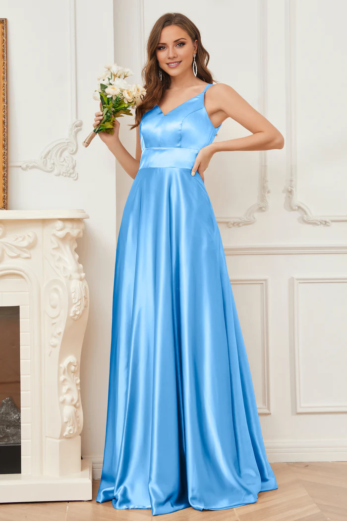 Vestido de dama de honor de satén suave, escote en V y tirantes finos hasta el suelo