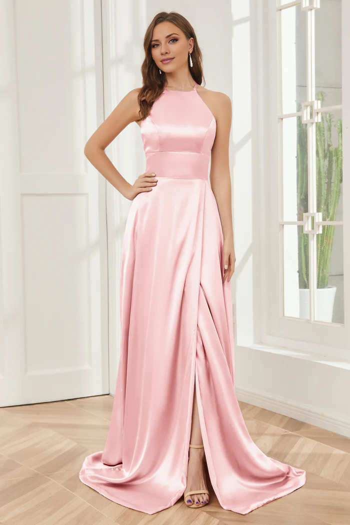 Vestido de dama de honor largo hasta el suelo de satén suave con escote de columna