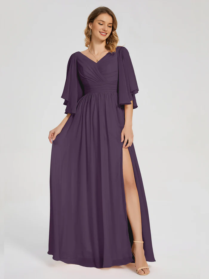 Burgundy Chiffon A-Line Floor-Length Dress with V-Neck, Draped Bodice, Flutter Sleeves, and High Slit