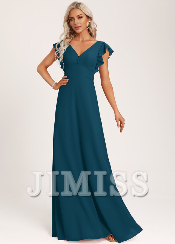 Vestido de dama de honor de gasa con volantes, escote en V y largo hasta el suelo