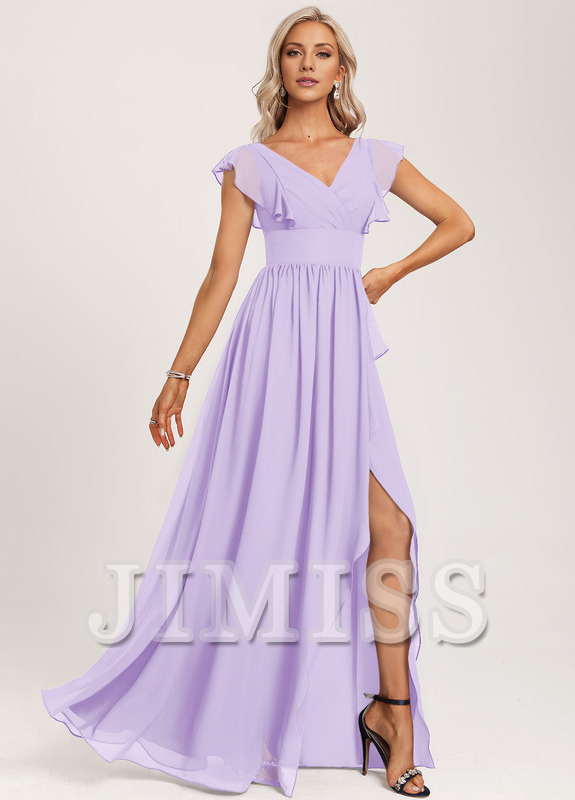 Vestido de dama de honor de gasa con volantes, escote en V y largo hasta el suelo