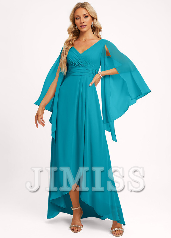 Dusty Sage Chiffon A-Line High-Low Dress with Draped V-Neck and Cape Sleeves