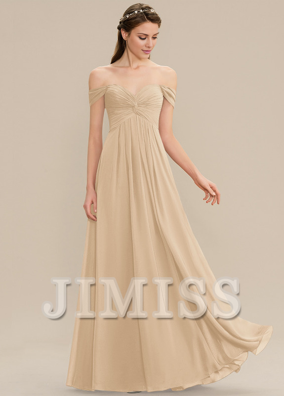 Vestido de dama de honor de gasa con volantes, corte A, hombros descubiertos y largo hasta el suelo