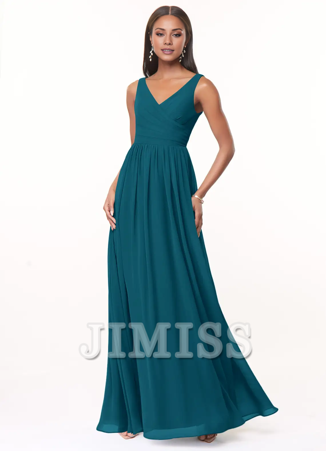 Vestido de dama de honor de gasa plisada con escote en V y corte A hasta el suelo - Vestido Jimiss 