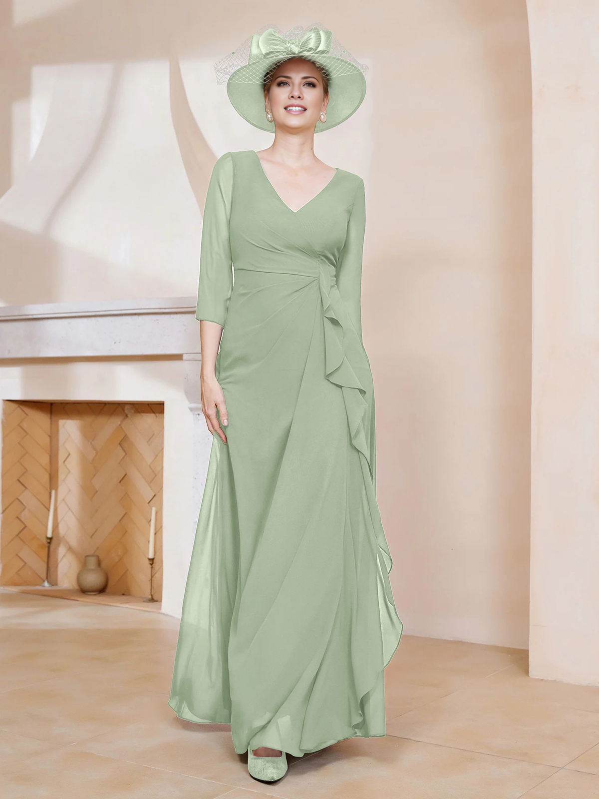 Navy Blue Chiffon A-Line V-Neck Floor-Length Evening Dress