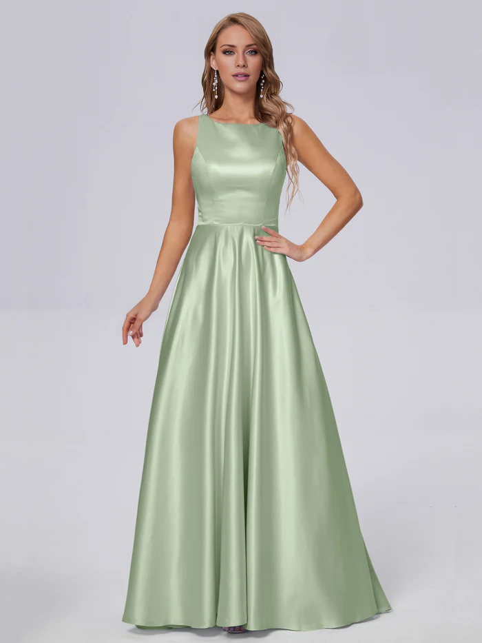 Sleeveless satin long and floor length bridesmaid dress