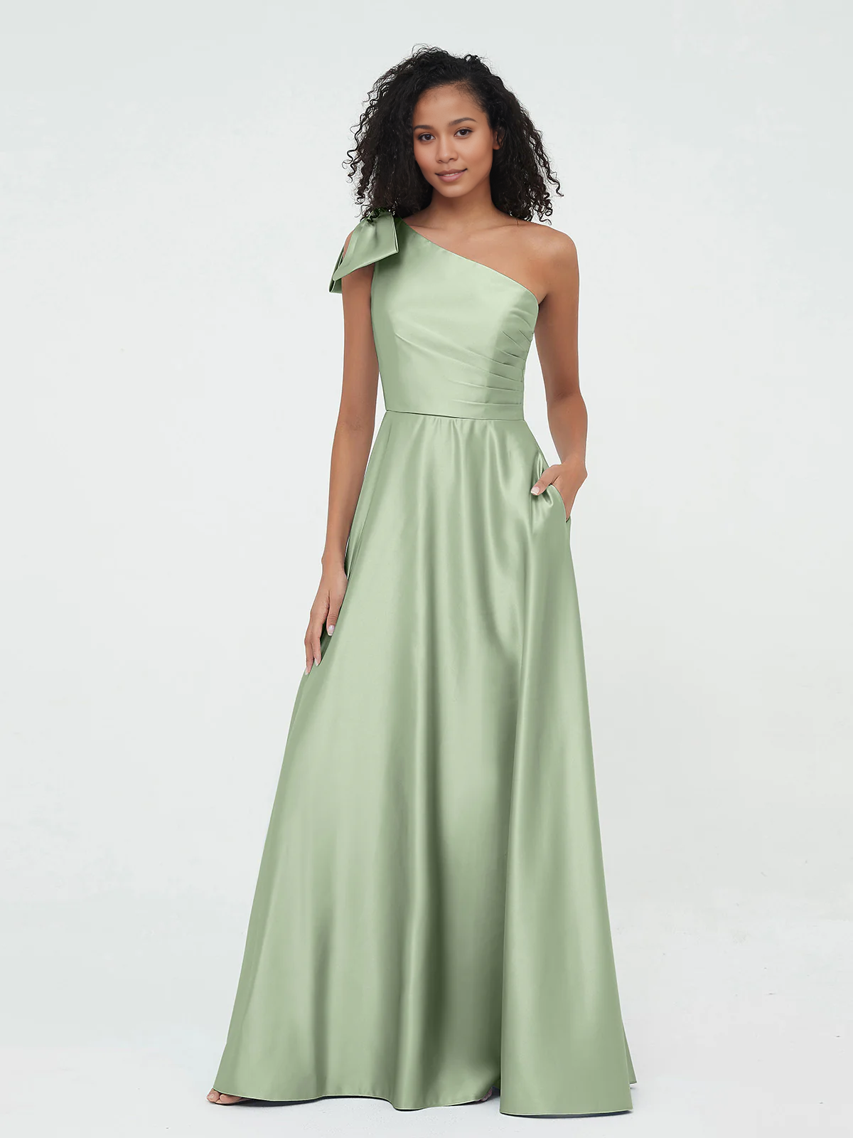 Sky Blue Satin A-Line Floor-Length One Shoulder Bridesmaid Dress