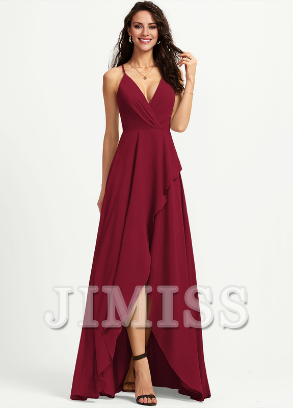 A-line V-neck asymmetric chiffon bridesmaid dress