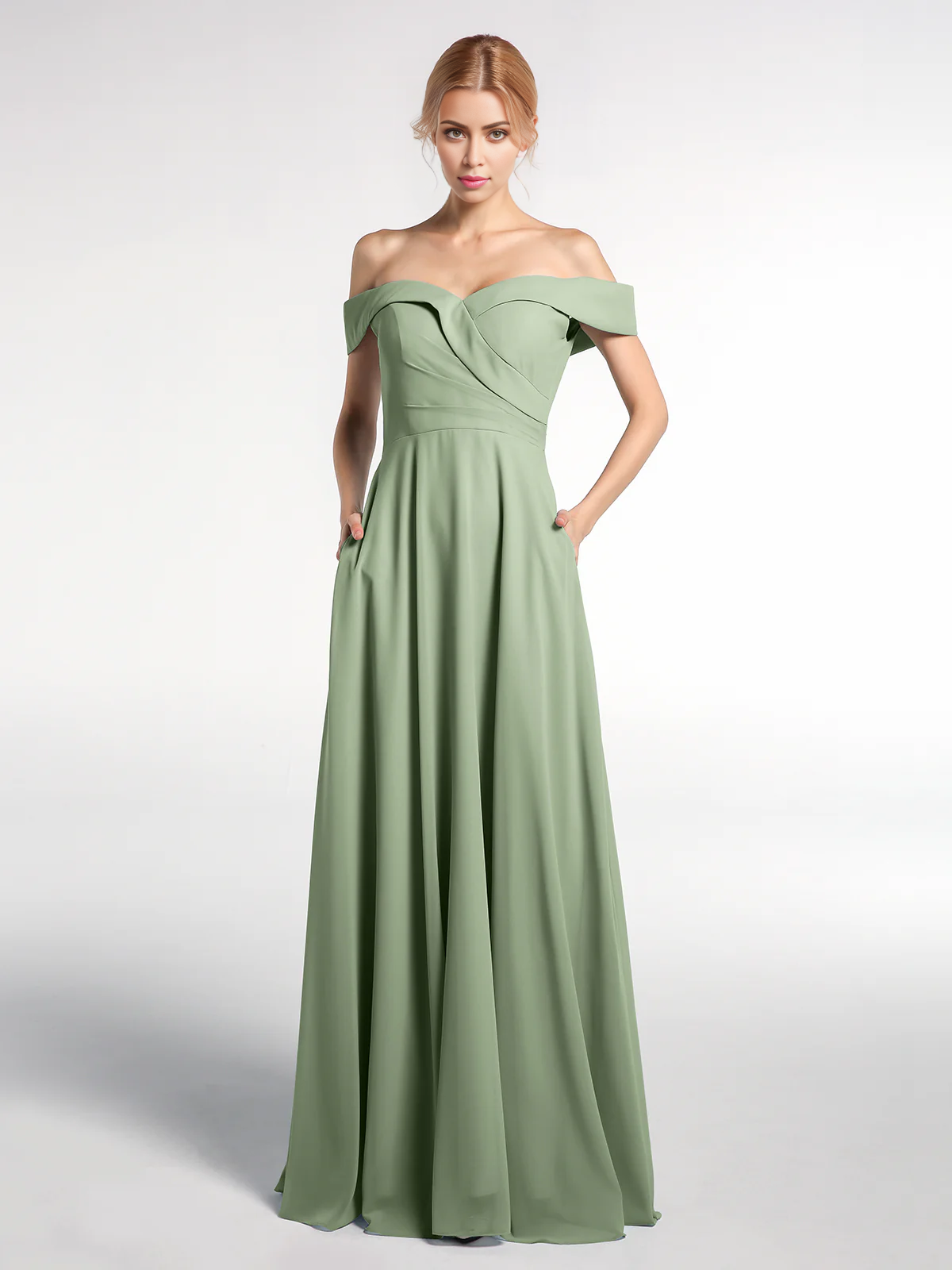 Vestido de falda redonda con bolsillos y hombros descubiertos