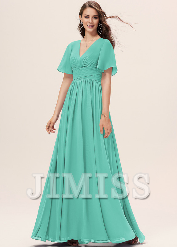 Vestido de dama de honor de gasa con volantes, escote en V y largo hasta el suelo