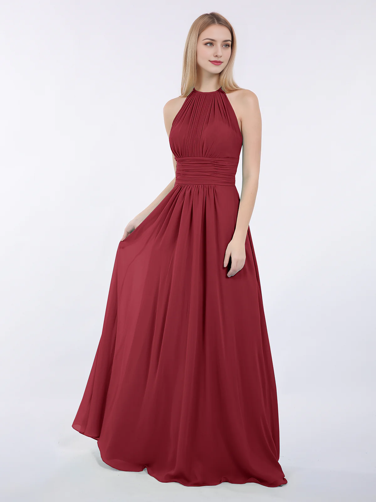Mocha Chiffon A-Line Halter Neck Floor-Length Bridesmaid Dress with Pleated Bodice
