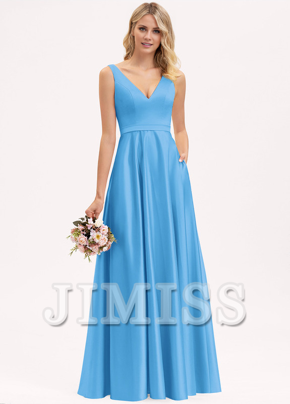Abito da damigella d'onore in raso lungo fino al pavimento, con scollo a V e linea ad A