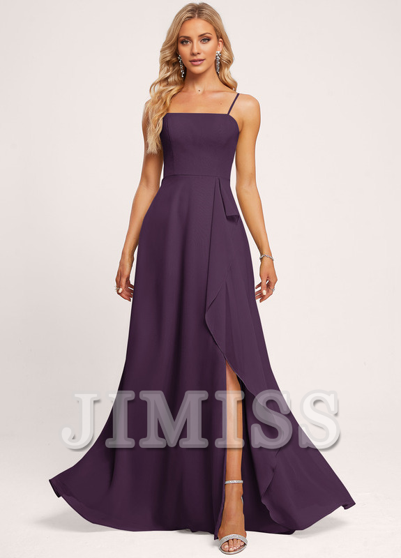 Vestido de dama de honor de gasa con volantes, corte A, cuadrado, largo hasta el suelo