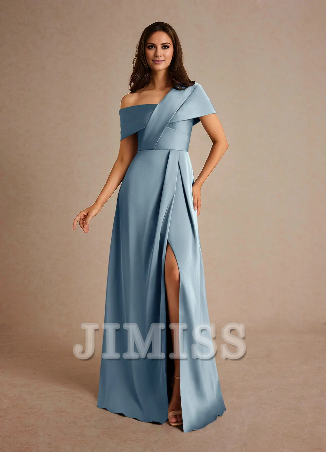 Dark Navy Crepe A-Line Off-the-Shoulder Floor-Length Bridesmaid Dress