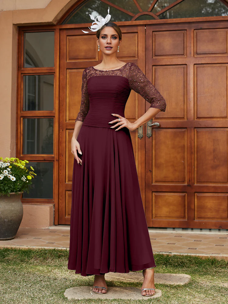 Silver Chiffon A-Line Tea-Length Dress with Boat Neck and Pleated Bodice and Lace Sleeves