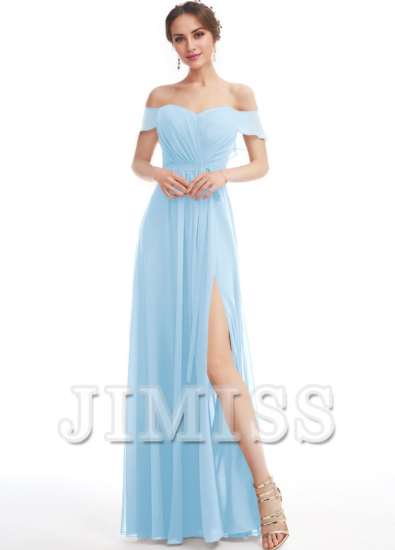 Vestido de dama de honor de gasa con volantes, corte A y largo hasta el suelo