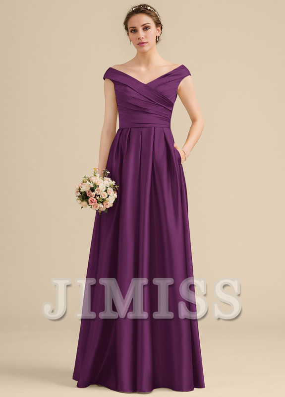 Vestido de dama de honor de satén con volantes, corte A, hombros descubiertos y largo hasta el suelo