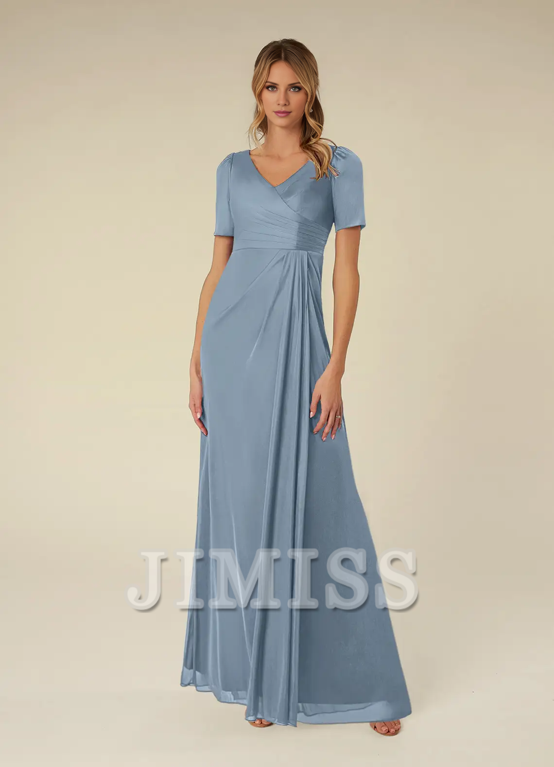 Abito da madre della sposa lungo fino al pavimento, a maniche corte, in rete plissettata, a trapezio