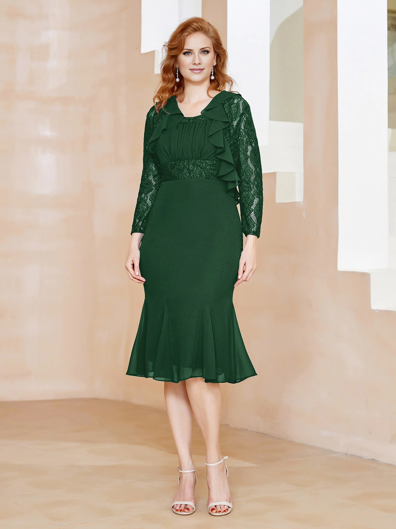 Dark Navy Lace Sleeve Ruffled Scoop Neck Sheath Knee-Length Evening Dress