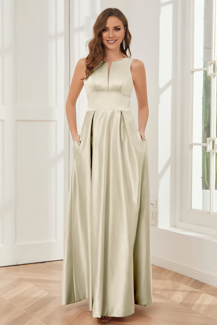 Abito da damigella d'onore a trapezio, senza maniche, in raso, lungo fino al pavimento