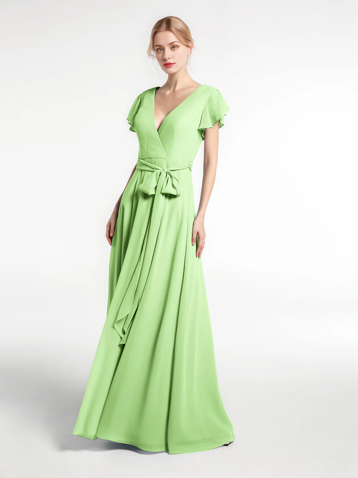 Vestido de gasa con cuello en V, capucha, mangas y lazo