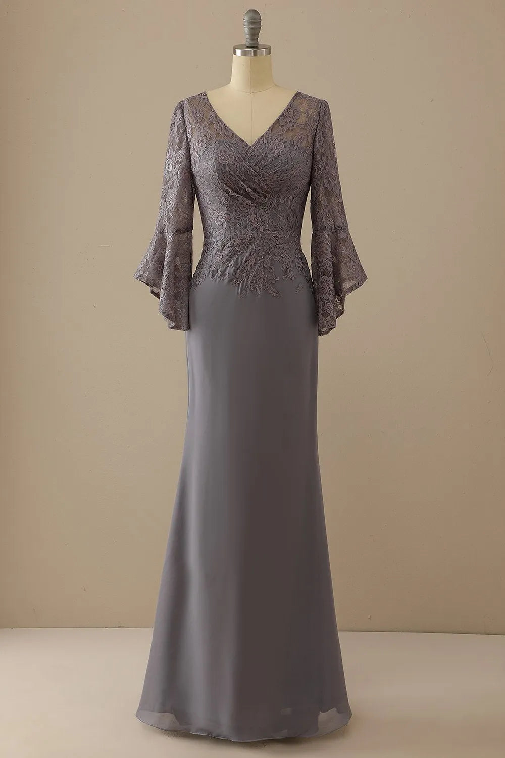 Grey Lace V-Neck Bell Sleeve Sheath Floor-Length Bridesmaid Dress