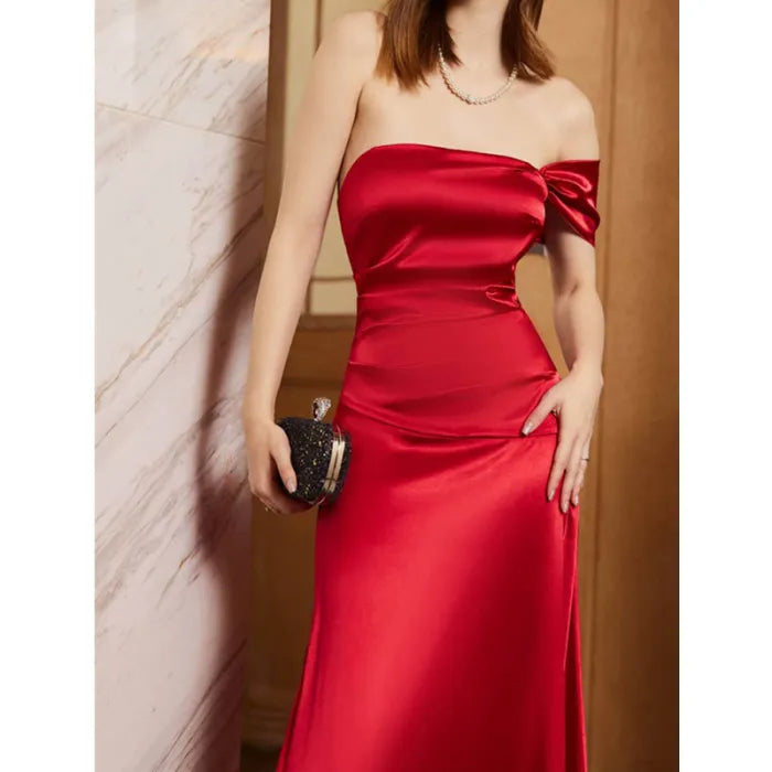 Red Satin Off-the-Shoulder Mermaid Floor-Length Dress