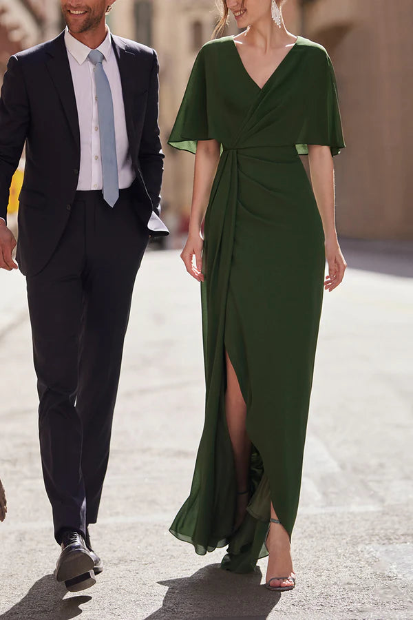 Olive Green Chiffon A-Line V-Neck Floor-Length Bridesmaid Dress with Flutter Sleeves & High Slit