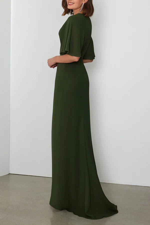 Olive Green Chiffon A-Line V-Neck Floor-Length Bridesmaid Dress with Flutter Sleeves & High Slit