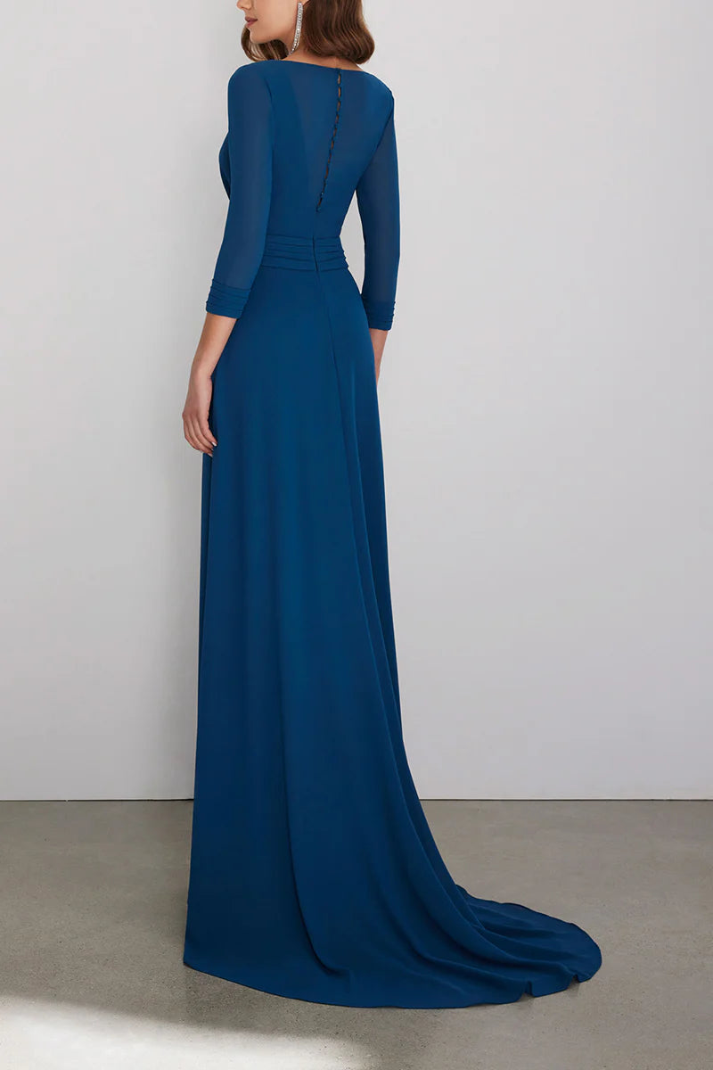 Vestidos de madre de la novia con escote en V, manga 3/4, corte A, frac plisado y cola