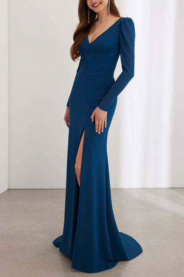 Minimalist V-neck long sleeved side slit mother of the bride dress