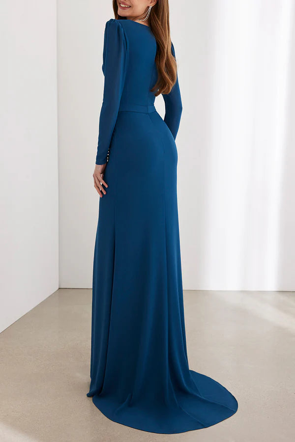 Minimalist V-neck long sleeved side slit mother of the bride dress