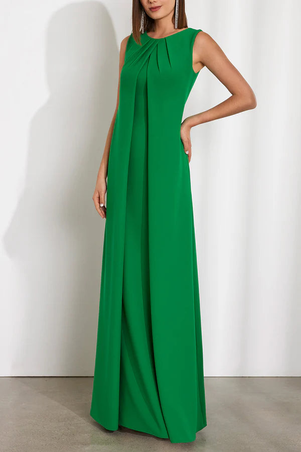 Green Crepe Sheath/column Floor-Length Evening Dress with Pleated High Neck and Front Slit