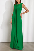Green Crepe Sheath/column Floor-Length Evening Dress with Pleated High Neck and Front Slit