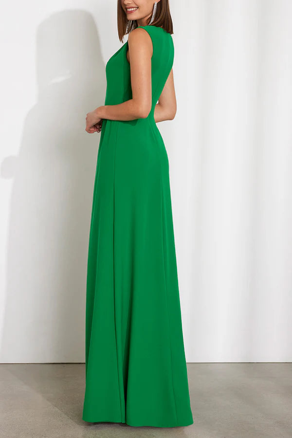 Green Crepe Sheath/column Floor-Length Evening Dress with Pleated High Neck and Front Slit