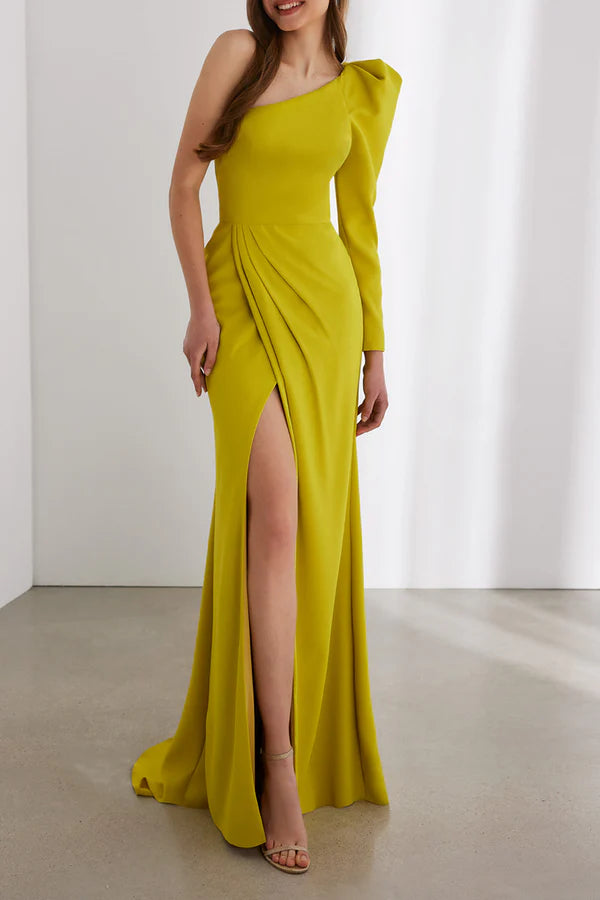 Lemon Crepe One Shoulder Sheath/column Floor-Length Dress with Draped Waist & High Slit