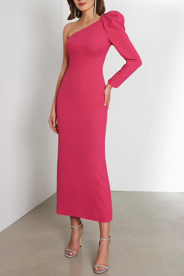 Pink Crepe One Shoulder Sheath/column Midi Dress with Puffed Long Sleeve