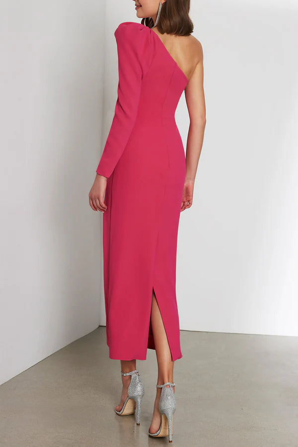 Pink Crepe One Shoulder Sheath/column Midi Dress with Puffed Long Sleeve