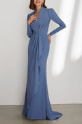 Dusty Blue Crepe Sheath/column Floor-Length Evening Dress with Draped Bodice