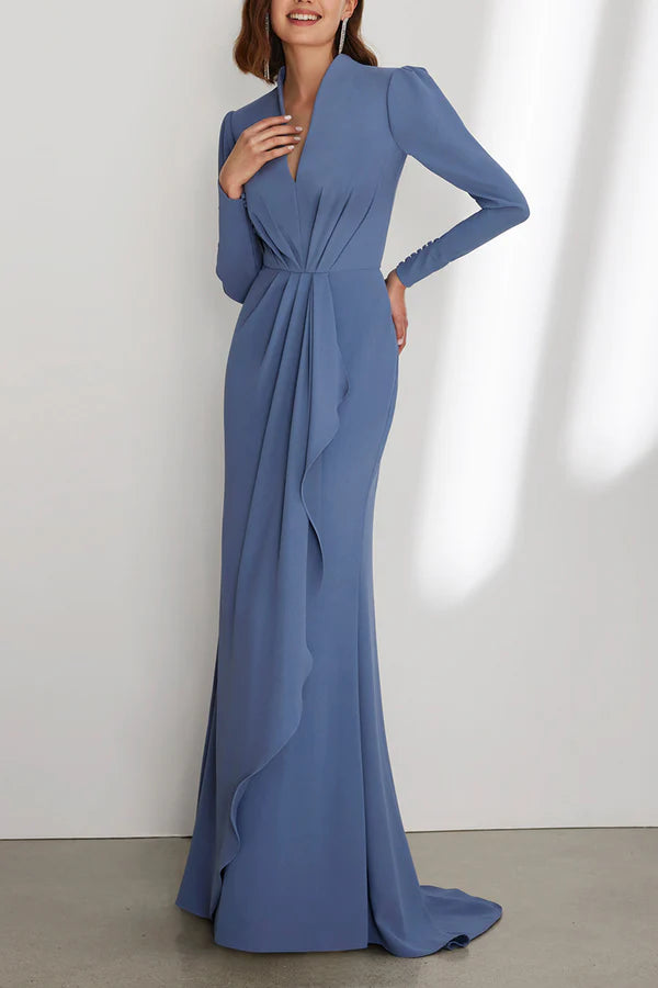 Dusty Blue Crepe Sheath/column Floor-Length Evening Dress with Draped Bodice