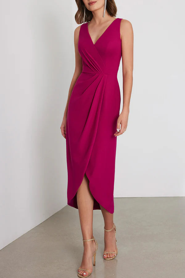Mulberry Crepe V-Neck A-Line Midi Dress with Draped Bodice