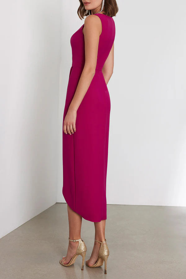 Mulberry Crepe V-Neck A-Line Midi Dress with Draped Bodice